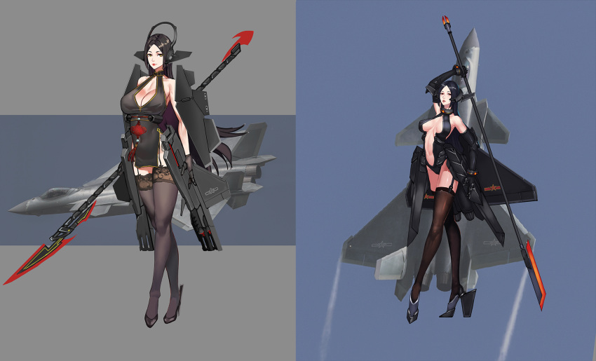 2girls aircraft airplane breasts china_dress chinese_clothes dress elbow_gloves fighter_jet full_body gloves highres j-20 jet jin_yi_dui mecha_musume military military_vehicle multiple_girls original people's_liberation_army people's_liberation_army_air_force personification polearm thighhighs weapon