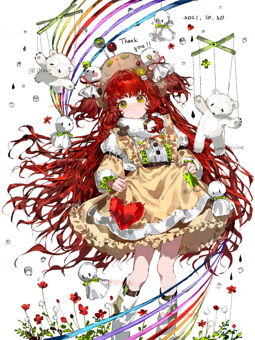 1girl commission dated dress feet_out_of_frame flower frilled_dress frills heart highres long_hair long_sleeves original rainbow red_flower red_hair solo stuffed_animal stuffed_toy teddy_bear very_long_hair vihua6 white_background white_flower yellow_dress yellow_eyes