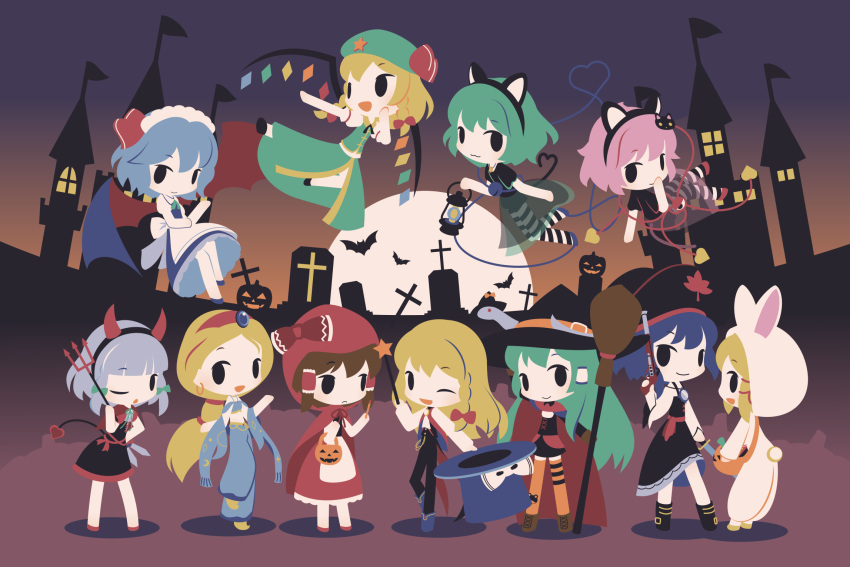 6+girls alice_margatroid blonde_hair blue_hair bow braid brown_hair character_request closed_mouth cobalta cosplay flandre_scarlet green_bow green_hair grey_hair hair_bow hakurei_reimu halloween halloween_costume highres hong_meiling hong_meiling_(cosplay) izayoi_sakuya izayoi_sakuya_(cosplay) kirisame_marisa kochiya_sanae komeiji_koishi komeiji_satori long_hair looking_at_another looking_at_viewer moriya_suwako multiple_girls one_eye_closed pink_hair purple_hair remilia_scarlet short_hair touhou twin_braids yasaka_kanako