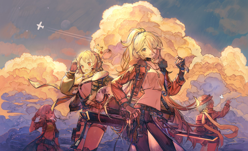 4girls :d aircraft airplane backpack bag bandeau belt black_pants blonde_hair closed_eyes coat commentary contrapposto croque_(girls'_frontline_nc) earhart_(girls'_frontline_nc) fern_(girls'_frontline_nc) girls'_frontline girls'_frontline_neural_cloud gloves green_jacket hair_over_one_eye hat headphones headpiece highres jacket jewelry long_sleeves looking_at_viewer medium_hair microphone midriff mouth_hold multiple_girls navel necklace one_eye_covered pants ponytail red_eyes rosette_(yankaixuan) shirt shorts smile sol_(girls'_frontline_nc)