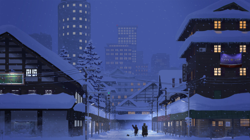 2others boots building cityscape coat commentary_request dog fog garage ground_vehicle highres house motor_vehicle multiple_others night night_sky office original partial_commentary road scenery shop signature sky snow snowing spotlight tateyuki traffic_light truck utility_pole winter