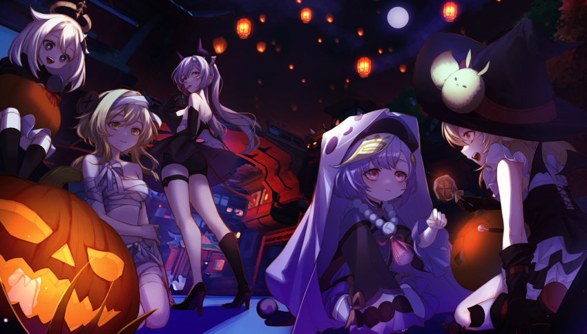 5girls absurdres bandages bead_necklace beads breasts dress full_moon genshin_impact ghost gloves halloween halloween_costume halo hat high_heels highres jewelry keqing_(genshin_impact) klee_(genshin_impact) lantern looking_back lumine_(genshin_impact) maplefoxy moon multiple_girls mummy_costume necklace night night_sky open_mouth paimon_(genshin_impact) pumpkin qiqi_(genshin_impact) sky smile standing talisman twintails underboob witch_hat
