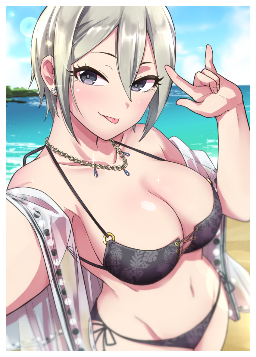 1girl :p \m/ beach bikini black_bikini bracelet breasts cleavage commentary_request earrings fabric highres idolmaster idolmaster_cinderella_girls idolmaster_cinderella_girls_starlight_stage ishii_takuma jewelry large_breasts midriff navel necklace o-ring o-ring_bikini ocean selfie shiomi_syuko short_hair side-tie_bikini sidelocks silver_hair solo swimsuit tongue tongue_out