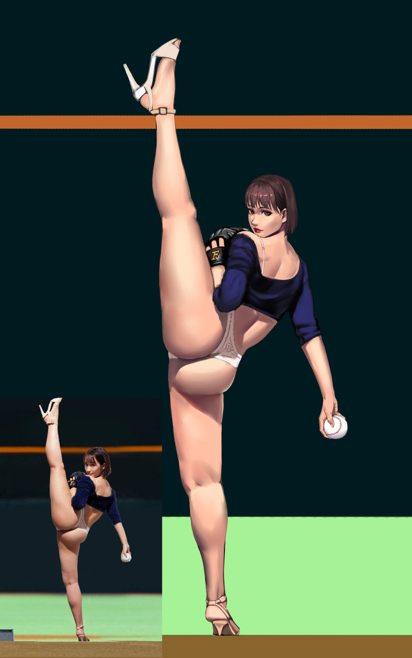1girl absurdres ass back baseball baseball_mitt blouse bra_strap brown_eyes brown_hair high_heels highres holding jin_yi_dui original panties photo_inset pitching real_life real_life_insert reference_inset solo standing standing_on_one_leg underwear