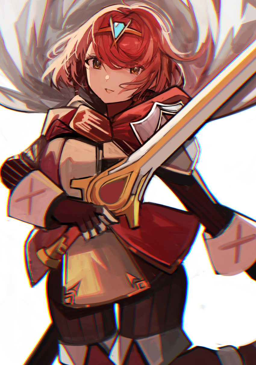 1girl absurdres breasts cosplay earrings falchion_(fire_emblem) fire_emblem fire_emblem_awakening headpiece highres jewelry large_breasts lucina_(fire_emblem) lucina_(fire_emblem)_(cosplay) pyra_(xenoblade) red_eyes red_hair short_hair simple_background solo sword tarbo_(exxxpiation) tiara weapon white_background xenoblade_chronicles_(series) xenoblade_chronicles_2