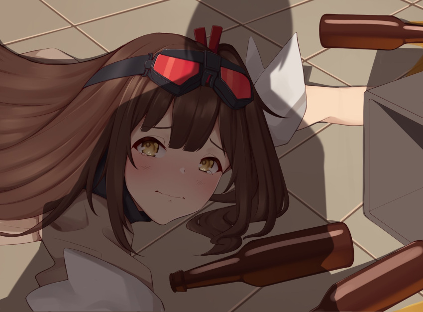 1girl act_(xadachit) alcohol apu_spills_his_tendies_(meme) beer beer_bottle blush box brown_hair commentary english_commentary floor girls'_frontline girls'_frontline_2:_exilium goggles goggles_on_head highres long_hair looking_at_viewer looking_up lying mayling_shen_(girls'_frontline_2) meme on_stomach one_side_up shadow solo spill tearing_up tile_floor tiles upper_body yellow_eyes