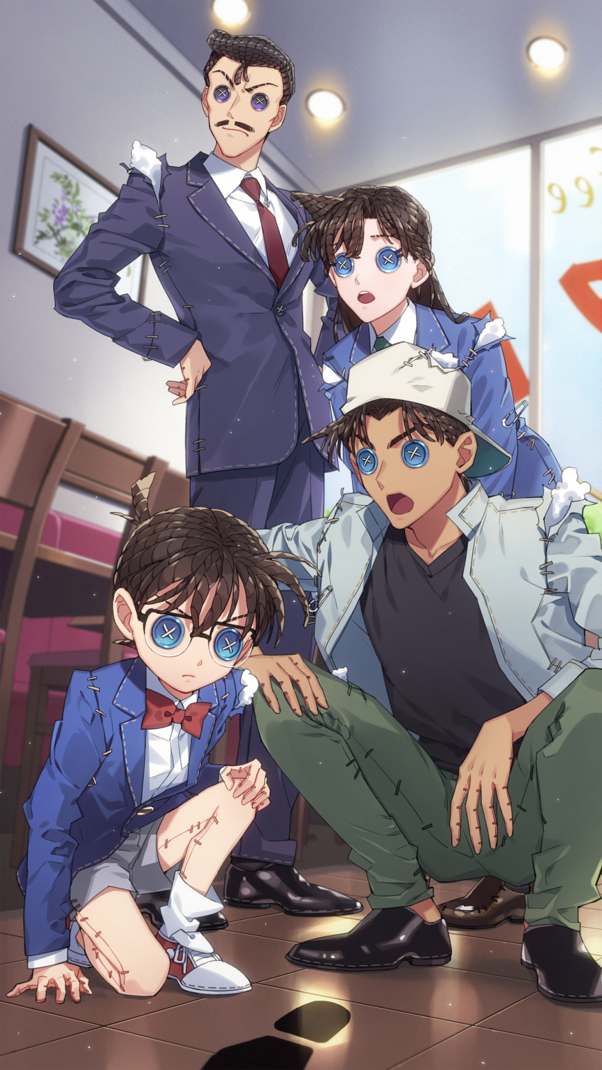 1girl 3boys absurdres arm_support backwards_hat bangs baseball_cap black-framed_eyewear black_footwear black_shirt blazer blue_jacket blurry blurry_background bow bowtie brown_hair button_eyes chair child closed_mouth collarbone collared_shirt commentary_request couch dark-skinned_male dark_skin edogawa_conan facial_hair footprints formal glasses green_necktie green_pants grey_headwear hand_on_own_knee hands_on_hips hat hattori_heiji height_difference highres identity_v indoors jacket k_(gear_labo) kneeling leaning_forward long_hair long_sleeves meitantei_conan mouri_kogoro mouri_ran multiple_boys mustache necktie one_knee open_clothes open_jacket open_mouth pants paperclip parody picture_(object) picture_frame purple_jacket purple_necktie purple_pants purple_suit red_bow red_bowtie red_footwear school_uniform shirt shoes short_hair sneakers socks standing stitches stuffing suit teeth teitan_high_school_uniform tile_floor tiles torn_clothes torn_hat torn_jacket upper_teeth white_legwear white_shirt