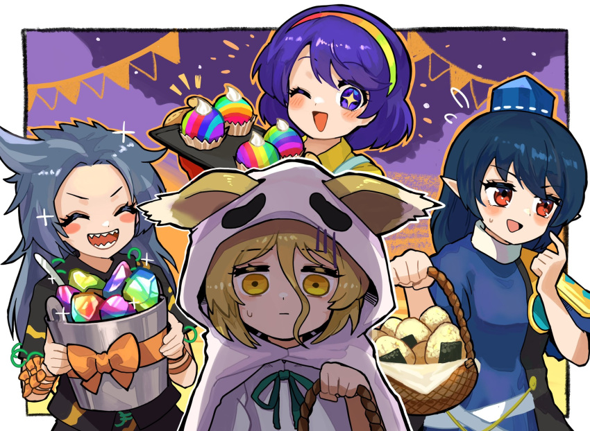 +_- 4girls animal_ears armor bangs basket black_shirt blonde_hair blue_dress blue_eyes blue_hair blue_headwear blush bow closed_eyes commentary_request cupcake dress food fox_ears ghost_costume green_ribbon grey_hair hair_between_eyes hairband halloween halloween_costume hat highres himemushi_momoyo holding holding_basket howhow_notei iizunamaru_megumu jitome kudamaki_tsukasa long_hair looking_at_viewer multiple_girls neck_ribbon one_eye_closed onigiri open_mouth orange_bow oven_mitts pauldrons purple_background purple_hair rainbow_gradient ribbon sharp_teeth shirt short_hair short_sleeves shoulder_armor single_pauldron smile sparkle teeth tenkyuu_chimata tokin_hat touhou upper_body white_shirt yellow_eyes yellow_shirt