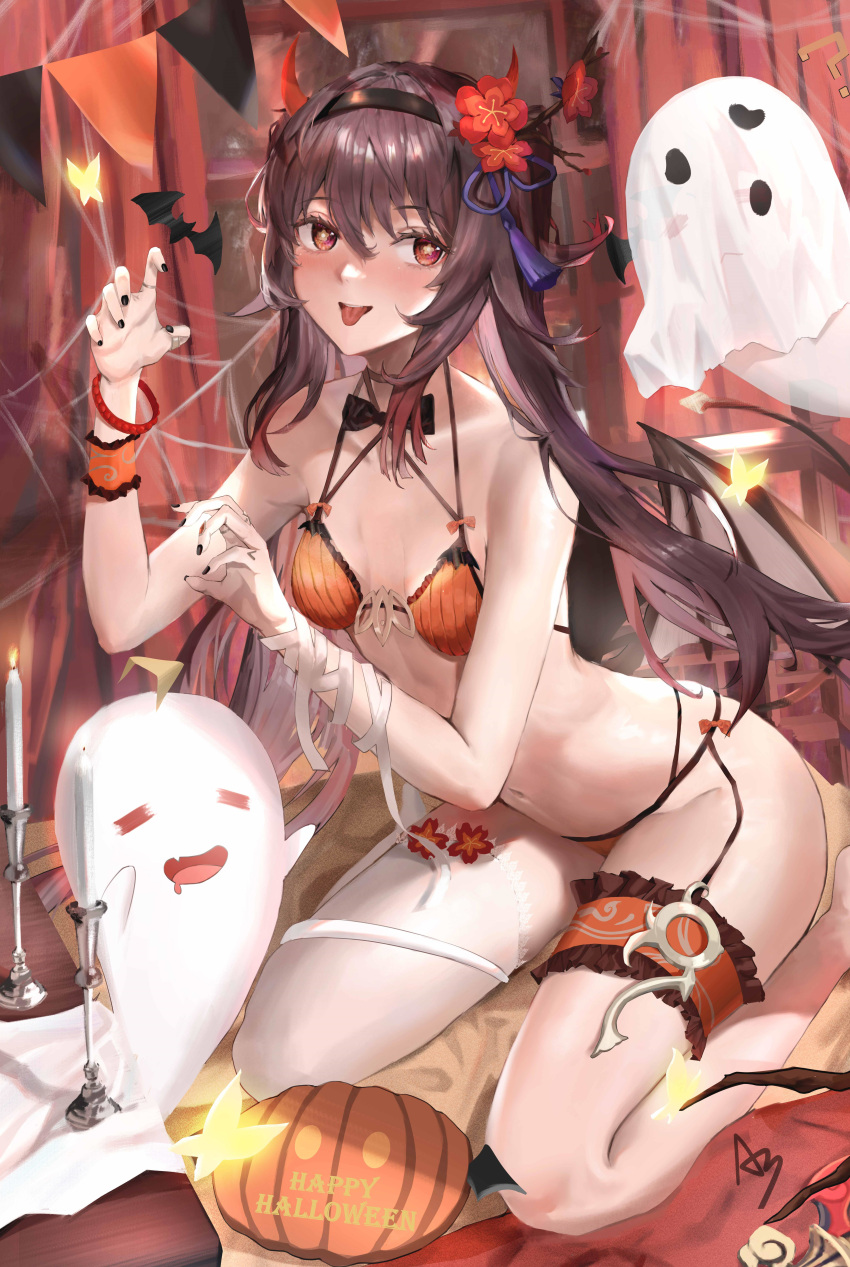 1girl a-by absurdres bandages bat_wings bead_bracelet beads bikini black_nails blush bow bowtie bracelet breasts brown_hair closed_eyes flower garter_straps genshin_impact ghost hair_flower hair_ornament hairband halloween hat highres hu_tao_(genshin_impact) jewelry open_mouth orange_bikini pumpkin red_eyes seiza sitting small_breasts smile solo swimsuit thighhighs tongue tongue_out top_hat white_legwear wings