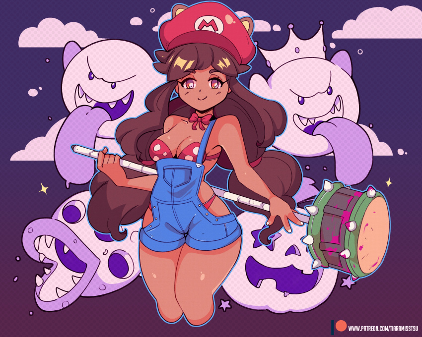 1girl absurdres blue_outline blue_overalls bone_piranha_plant boo_(mario) bra breasts brown_hair cleavage cosplay cropped_legs crown dark-skinned_female dark_skin feet_out_of_frame halloween_costume highres holding jack-o'-lantern jack_o'goomba king_boo long_hair mari_(tiaramisstsu) mario mario_(cosplay) mario_(series) original outline overalls panties piranha_plant polka_dot polka_dot_bra red_bra red_headwear red_panties sharp_teeth smile solo teeth tiaramisstsu tongue tongue_out underwear web_address