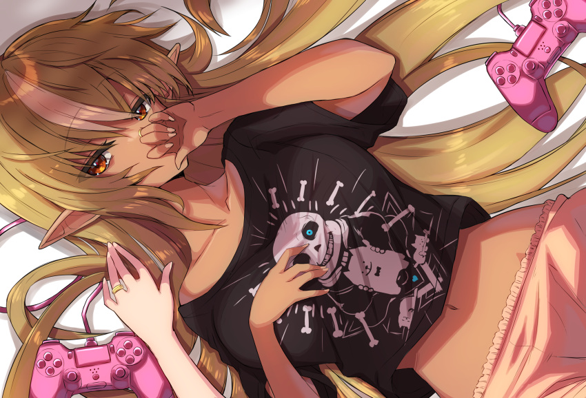 2girls bangs blonde_hair breasts brown_eyes character_print commentary_request controller covering_mouth dark-skinned_female dark_skin eyebrows_visible_through_hair eyes_visible_through_hair game_controller hair_between_eyes hand_on_own_chest hand_over_own_mouth highres hololive jewelry large_breasts long_hair looking_at_viewer lying midriff multicolored_hair multiple_girls navel on_back pointy_ears pov print_shirt ralf ring sans shiranui_flare shirogane_noel shirt short_sleeves streaked_hair undertale very_long_hair virtual_youtuber wedding_band white_background white_hair