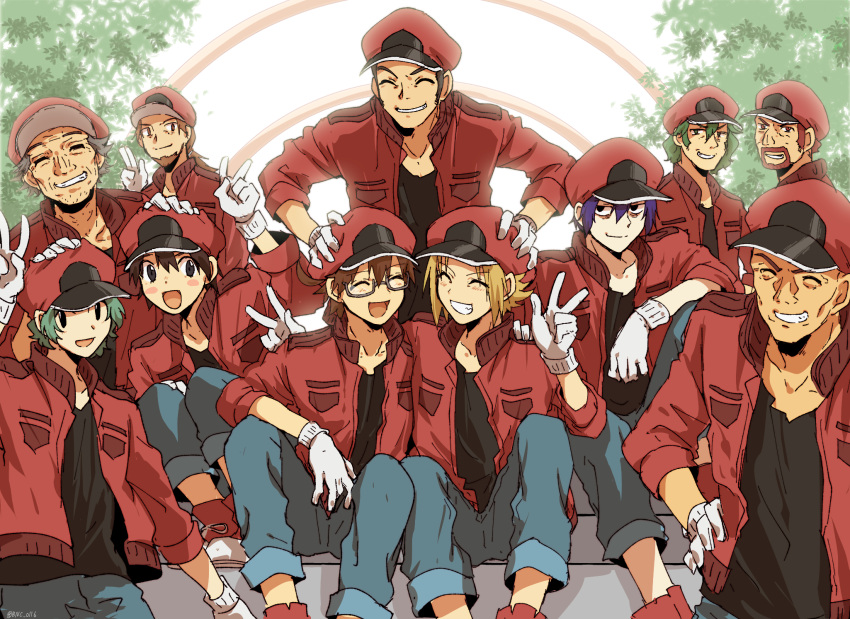 6+boys :d aa-2153 banchii black_hair blonde_hair brown_hair cabbie_hat character_request everyone glasses gloves green_hair grey_hair hat hataraku_saibou hataraku_saibou_black highres jacket multiple_boys open_mouth purple_hair red_hair red_headwear red_jacket shirt short_hair smile