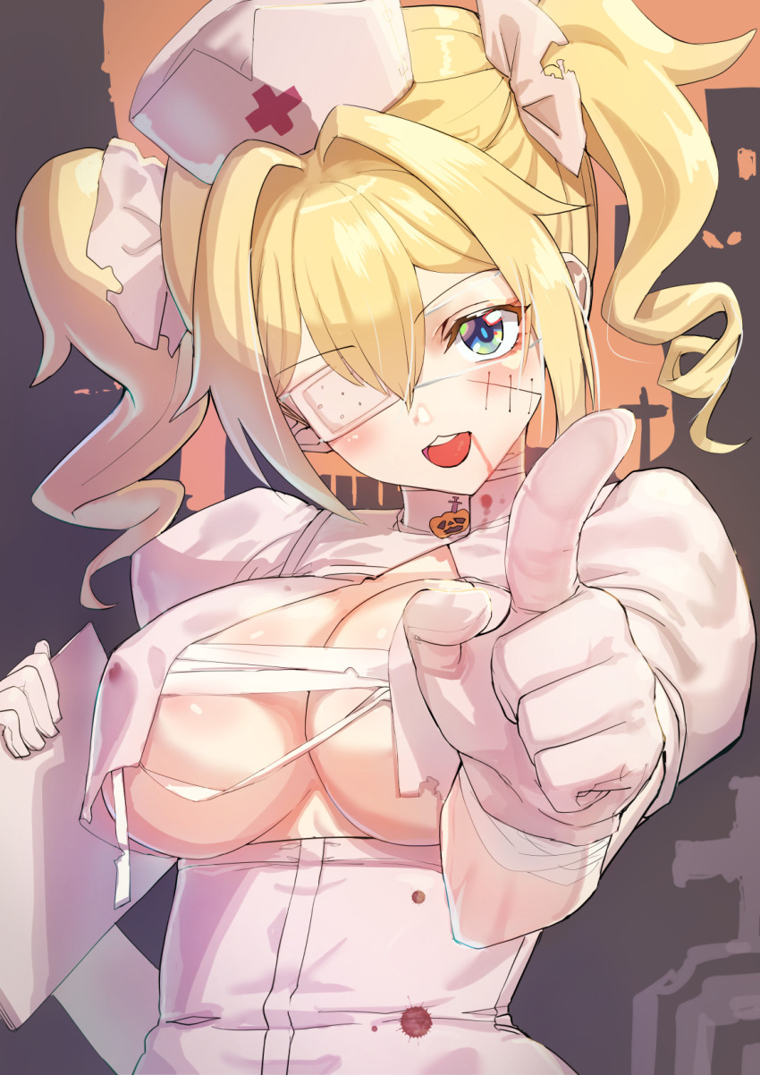 1girl bandages barbara_(genshin_impact) blonde_hair blood blood_on_clothes blood_on_face blue_eyes breasts drill_hair eyepatch genshin_impact gloves halloween hat highres looking_at_viewer medium_breasts nurse nurse_cap open_mouth pointing pointing_at_viewer pumpkin sarashi scar scar_on_face smile solo soramiruku teeth twin_drills twintails upper_body upper_teeth white_gloves