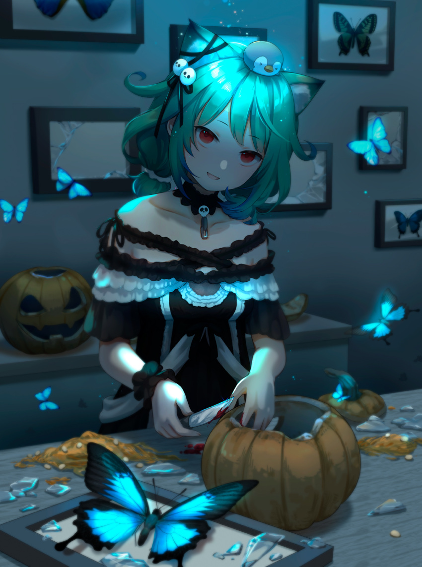 1girl :d animal animal_ears bare_shoulders black_collar black_dress black_ribbon blood blood_on_hands broken_glass bug butterfly cat_ears collar collarbone commentary cutting detached_collar dress english_commentary frills glass green_butterfly green_hair hair_ornament hair_ribbon halloween highres hololive jack-o'-lantern kamui_(kamuikaoru) looking_at_viewer off-shoulder_dress off_shoulder pumpkin red_eyes ribbon scrunchie short_sleeves smile solo upper_body uruha_rushia virtual_youtuber wrist_scrunchie