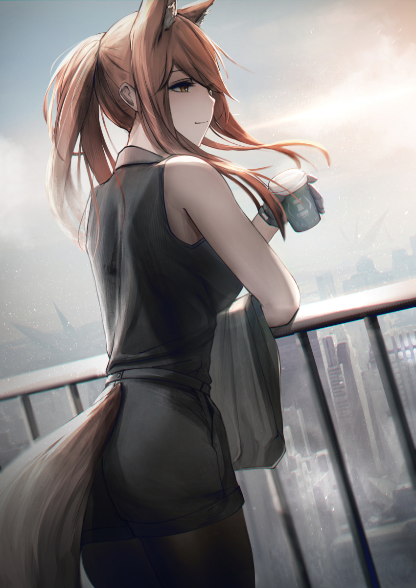 1girl animal_ears arknights brown_hair city cityscape coffee coffee_cup commentary cup disposable_cup english_commentary fox_ears fox_tail franka_(arknights) gloves highres krirk light_smile long_hair ponytail shirt smile solo tail