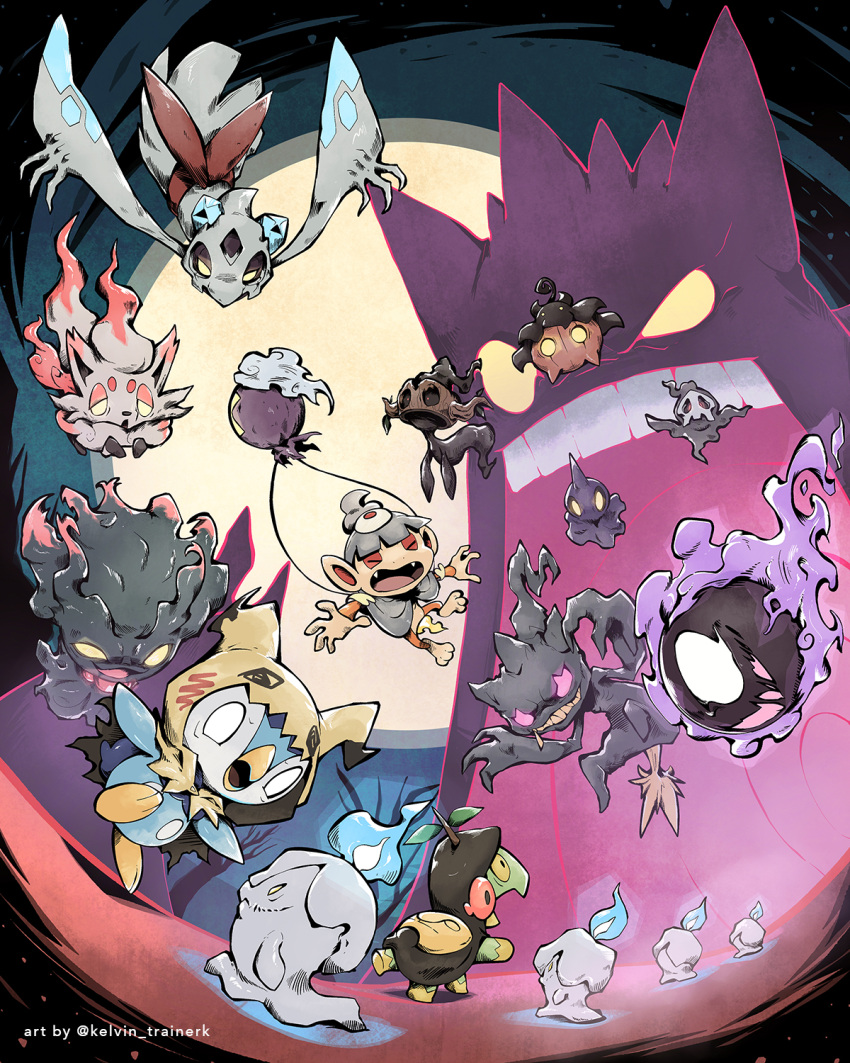 banette blue_fire carrying chimchar commentary cosplay drifloon dusclops dusclops_(cosplay) duskull english_commentary fire flame froslass gastly gengar gigantamax gigantamax_gengar glowing glowing_eyes highres hisuian_zorua kelvin-trainerk litwick mimikyu mimikyu_(cosplay) misdreavus no_humans open_mouth phantump piplup pokemon pokemon_(creature) pumpkaboo shuppet smile tongue turtwig twitter_username yamask yamask_(cosplay) yellow_eyes