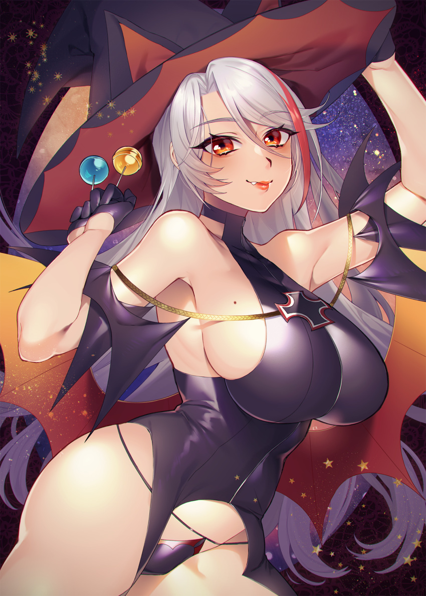 1girl azur_lane bangs black_gloves black_leotard breasts candy closed_mouth demon_wings eyebrows_visible_through_hair fang food gloves hair_between_eyes halloween hand_on_headwear hat highres large_breasts leotard lips lollipop long_hair looking_at_viewer mimiko_(fuji_310) mixed-language_commentary mole mole_on_breast multicolored_hair prinz_eugen_(azur_lane) red_eyes red_hair sidelocks silver_hair skindentation smile solo standing streaked_hair wings witch_hat