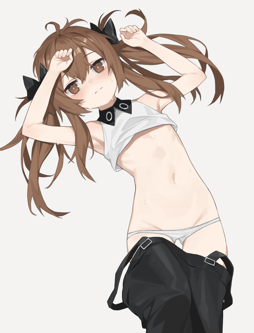 1girl armpits black_bow black_skirt blush bow brown_eyes brown_hair closed_mouth clothes_pull girls'_frontline grey_background hair_between_eyes hair_bow highres long_hair looking_at_viewer lying mokew navel on_back panties simple_background skirt skirt_pull solo sweat twintails ump9_(girls'_frontline) underwear white_panties younger