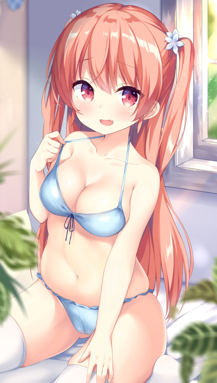 1girl :d absurdres bangs blue_bra blue_panties blurry bra breasts cameltoe cleavage collarbone depth_of_field eyebrows_visible_through_hair fang flower hair_between_eyes hair_flower hair_ornament highres kagami_shiori long_hair looking_at_viewer medium_breasts mimura_zaja navel open_mouth original panties red_eyes red_hair sitting smile solo symbol-only_commentary thighhighs twintails underwear underwear_only white_legwear window