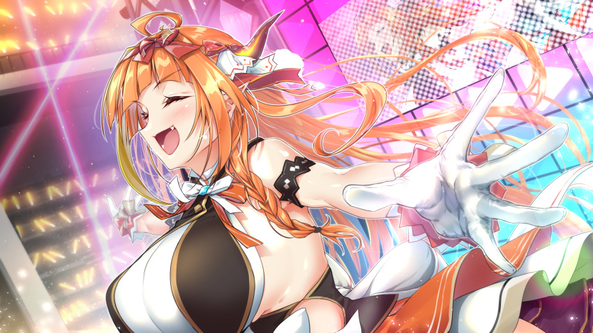 1girl belt blonde_hair bow bow_skirt braid breasts closed_mouth dragon_girl dragon_horns gloves highres hololive hololive_idol_uniform horn_bow horn_ornament horns idol idol_clothes kiryu_coco large_breasts layered_skirt long_hair miniskirt official_alternate_costume open_mouth orange_hair sasakuma_kyouta side_braid skirt skirt_set sleeveless smile solo stage virtual_youtuber white_bow white_gloves wrist_cuffs