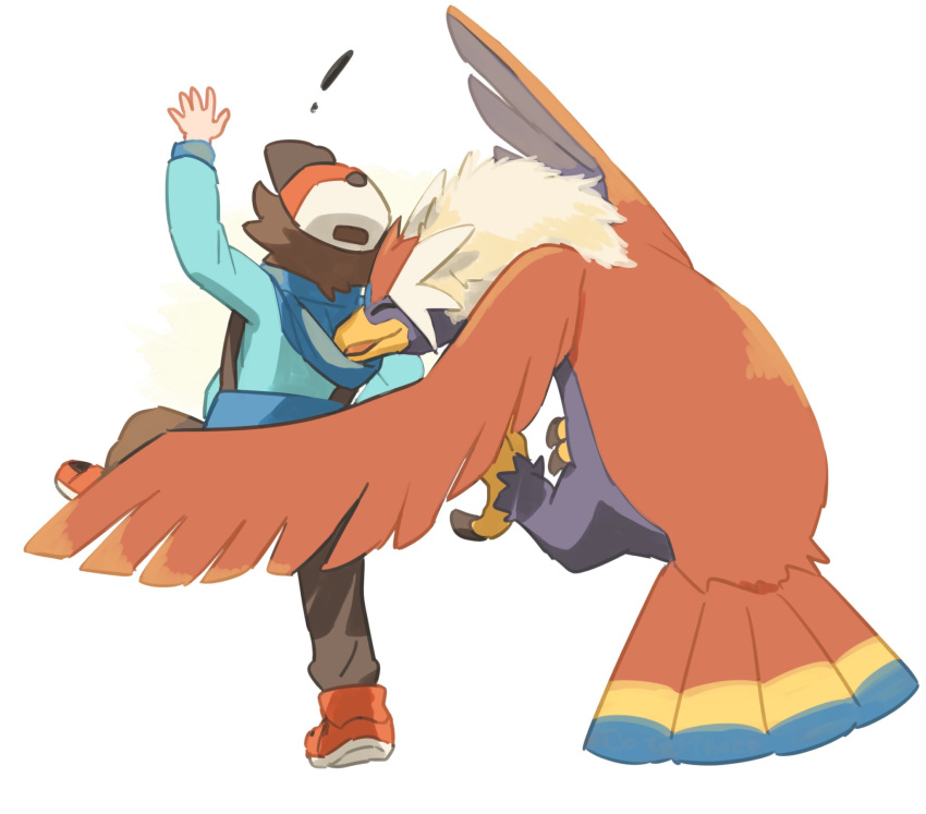 ! 1boy arm_up beak bird braviary brown_hair brown_pants closed_eyes commentary_request green_jacket highres hilbert_(pokemon) jacket leg_up long_sleeves male_focus pants pokemon pokemon_(creature) pokemon_(game) pokemon_bw red_footwear shoes short_hair standing standing_on_one_leg talons torinoko_(miiko_draw)