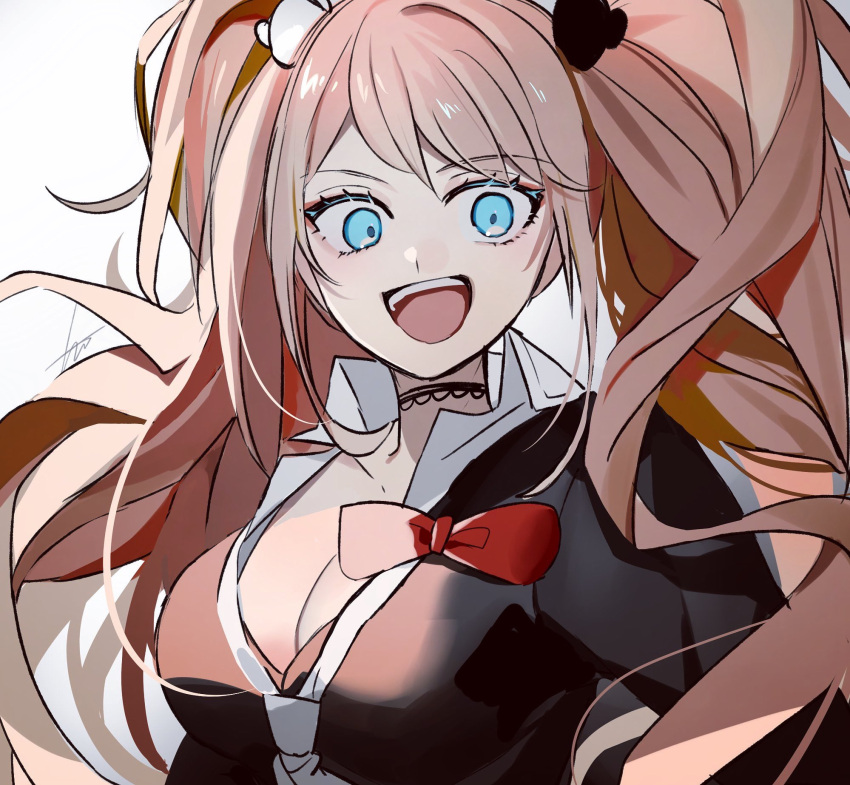 1girl :d bangs bear_hair_ornament black_choker black_shirt blue_eyes bow breasts choker collared_shirt danganronpa:_trigger_happy_havoc danganronpa_(series) enoshima_junko eyebrows_visible_through_hair hair_ornament highres huyuharu0214 large_breasts long_hair looking_at_viewer messy_hair necktie red_bow shiny shiny_hair shirt signature simple_background smile solo teeth twintails upper_body upper_teeth white_background white_necktie