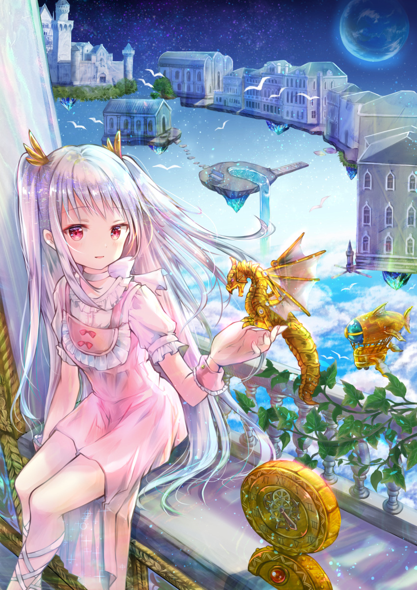 1girl absurdres against_wall arm_at_side bare_legs bird blue_background blue_hair blush building building_block choker clock cloud crystal dragon dress earth_(planet) eyebrows_visible_through_hair fantasy feet_out_of_frame floating_island frills hand_up highres hoshikage_wataru looking_at_viewer original outstretched_arm planet red_dress red_eyes ribbon roman_numeral sky smile star_(sky) translucent_hair water waterfall white_ribbon window