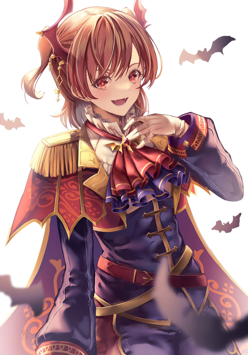 1girl :d aijou_karen aoi_hane arm_at_side ascot bangs bat belt belt_buckle blurry blurry_foreground brown_eyes brown_hair buckle cape commentary_request cowboy_shot epaulettes fangs gloves hair_between_eyes hair_ornament hand_up highres jacket long_sleeves looking_at_viewer multicolored_pants multiple_belts official_alternate_costume open_mouth pants print_cape purple_ascot purple_cape purple_jacket purple_pants red_ascot red_belt red_cape red_pants shiny shiny_hair short_hair shoujo_kageki_revue_starlight shoujo_kageki_revue_starlight_-re_live- simple_background smile solo standing two-sided_cape two-sided_fabric two_side_up white_background white_gloves wing_hair_ornament yellow_belt