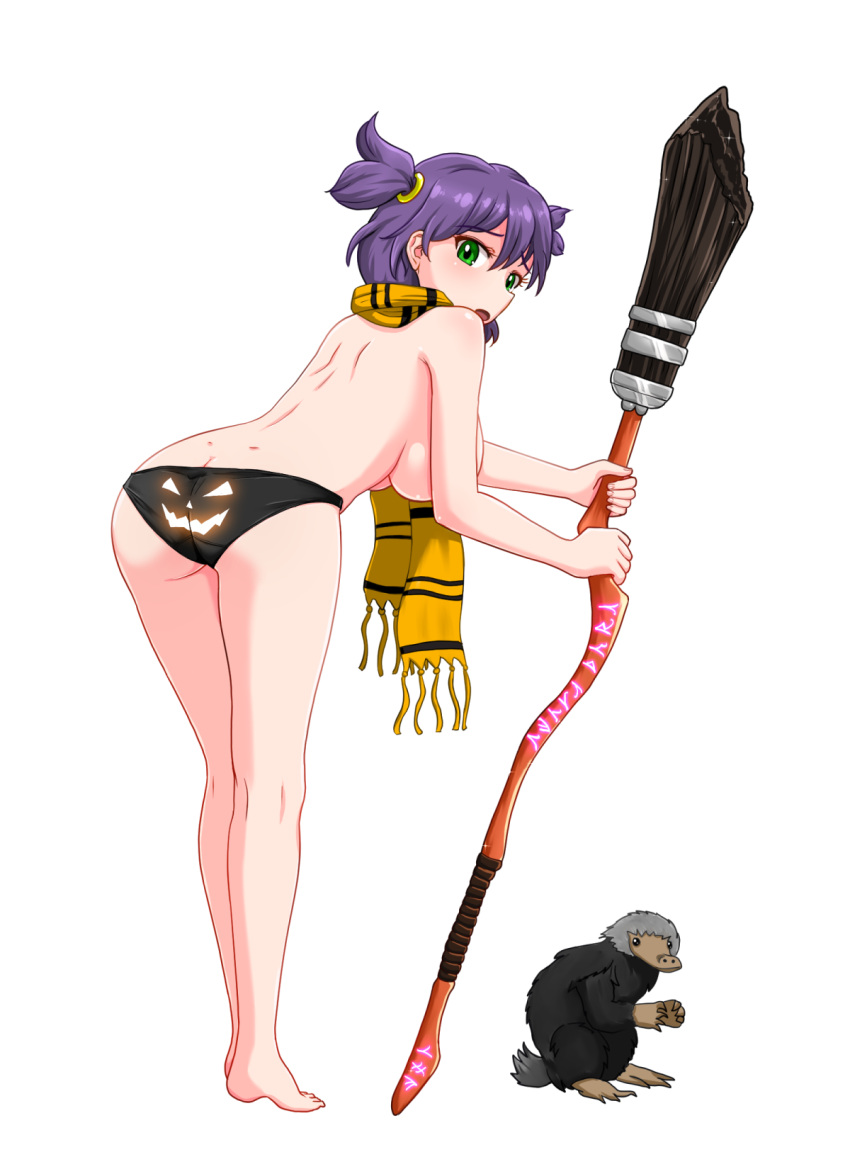 1girl animal ass bare_legs barefoot black_panties breasts broom commentary english_commentary everlasting_summer eyebrows_visible_through_hair from_behind full_body green_eyes highres huyase large_breasts leaning_forward looking_at_viewer looking_back open_mouth panties patreon_username purple_hair scarf short_hair shoulder_blades simple_background solo standing topless two_side_up underwear underwear_only unyl-chan white_background yellow_scarf