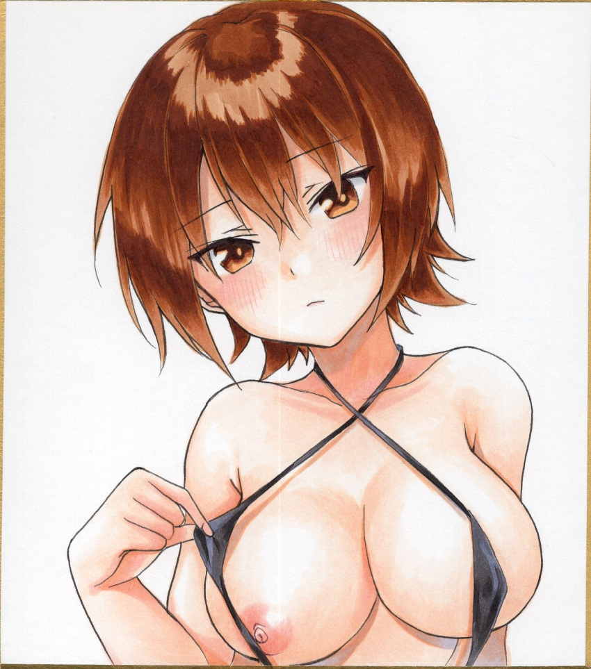 1girl airi_(akamichiaika) black_swimsuit blush breasts brown_eyes brown_hair closed_mouth clothes_pull collarbone eyebrows_visible_through_hair girls_und_panzer highres large_breasts looking_at_viewer nipples nishizumi_maho shiny shiny_hair short_hair simple_background slingshot_swimsuit solo swimsuit swimsuit_pull upper_body white_background