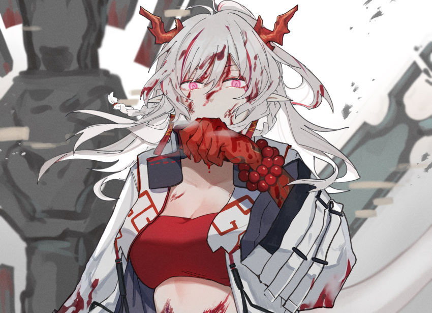 1girl arknights bandeau bangs bead_bracelet beads blood blood_in_hair bracelet braid breasts cleavage commentary hair_between_eyes hand_up highres horns jacket jewelry large_breasts long_hair long_sleeves mabing midriff nian_(arknights) open_clothes open_jacket pink_eyes silver_hair solo strapless tube_top twin_braids upper_body white_jacket wide_sleeves