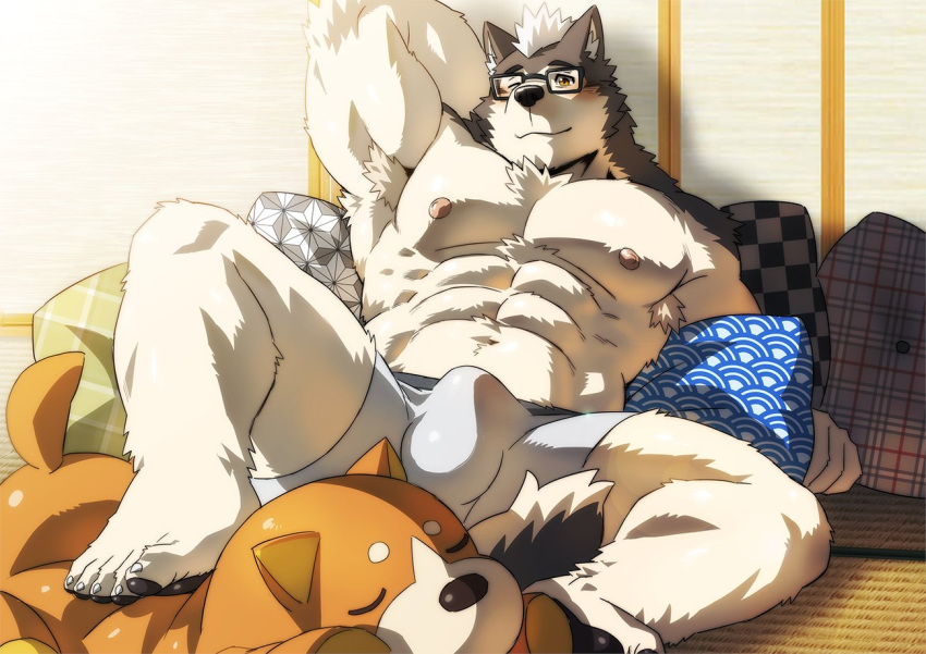 1boy abs arm_behind_back arm_up armpit_hair armpits asa_no_ha_(pattern) bara beenic beige_fur black-framed_eyewear blush brown_fur bulge checkered chest_hair closed_mouth commentary_request commission cushion edging_underwear foreshortening full_body furry furry_male glasses large_pectorals lying male_focus male_underwear muscular muscular_male navel nipples on_back on_bed one_eye_closed original pectorals plaid rectangular_eyewear rossciaco seigaiha short_hair solo stomach sunlight tail thick_thighs thighs topless_male underwear underwear_only unmoving_pattern white_male_underwear wolf_boy wolf_tail