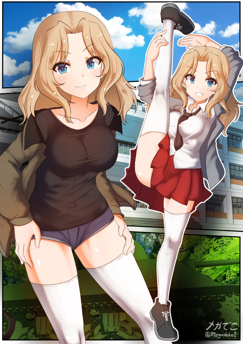 1girl aquaegg arms_up artist_name black_shirt blonde_hair blouse blue_eyes blue_footwear blue_shorts blue_sky building closed_mouth cloud cloudy_sky collared_blouse commentary cutoffs day denim denim_shorts eyebrows_visible_through_hair girls_und_panzer grin ground_vehicle hair_intakes hands_on_hips highres jacket kay_(girls_und_panzer) leg_hold leg_up long_hair looking_at_viewer m4_sherman military military_vehicle motor_vehicle multiple_views off_shoulder open_clothes open_jacket outdoors outline outside_border saunders_military_uniform saunders_school_uniform school_uniform shirt shoes short_shorts shorts signature sky sleeves_rolled_up smile sneakers split standing standing_on_one_leg standing_split tank thighhighs twitter_username white_blouse white_legwear white_outline