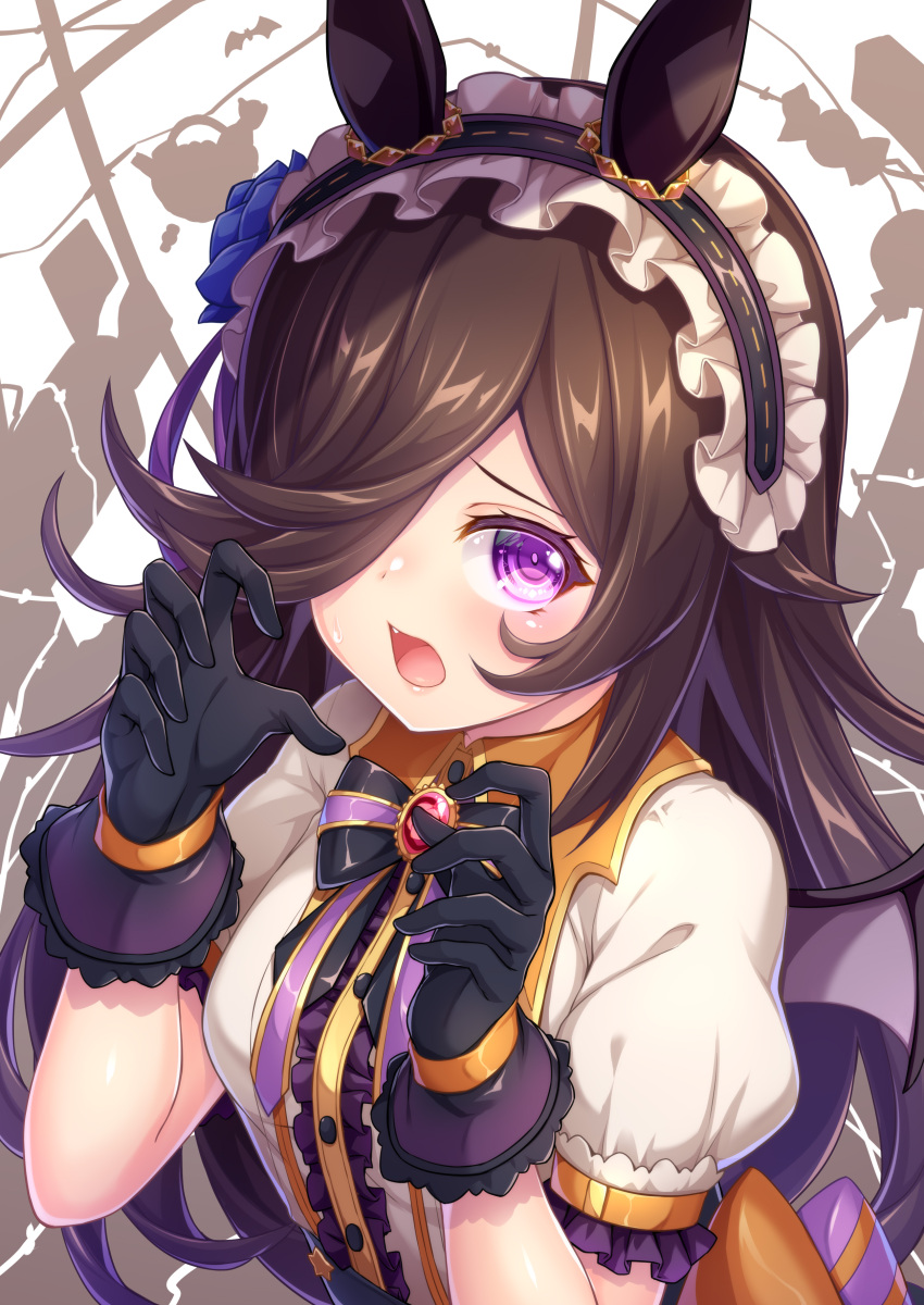 1girl absurdres animal_ears bangs black_gloves black_hair black_hairband blue_flower blue_rose center_frills collared_shirt commentary_request demon_wings dress_shirt fang flower frilled_hairband frills gloves hair_over_one_eye hairband hands_up highres horse_ears long_hair looking_at_viewer make_up_in_halloween!_(umamusume) open_mouth puffy_short_sleeves puffy_sleeves purple_eyes purple_wings rice_shower_(umamusume) rose shirt short_sleeves solo umamusume very_long_hair wakagi_repa wings