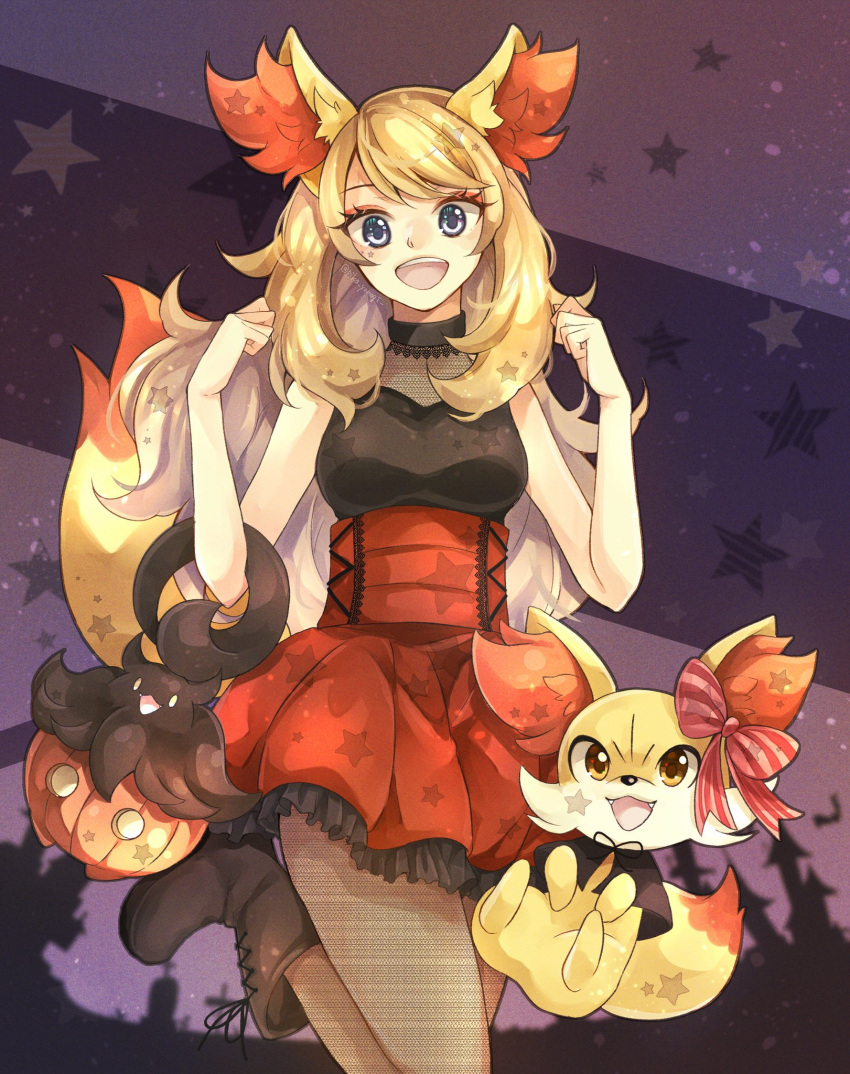 1girl :d bangs bare_arms black_shirt blonde_hair boots brown_footwear clenched_hands cosplay eyelashes fennekin fennekin_(cosplay) grey_eyes hands_up high-waist_skirt highres leg_up long_hair looking_at_viewer open_mouth orange_skirt pantyhose pokemon pokemon_(creature) pokemon_(game) pokemon_ears pokemon_tail pokemon_xy pumpkaboo serena_(pokemon) shirt skirt sleeveless sleeveless_shirt smile star_(symbol) star_print symbol-only_commentary tail teeth tongue upper_teeth yomogi_(black-elf)