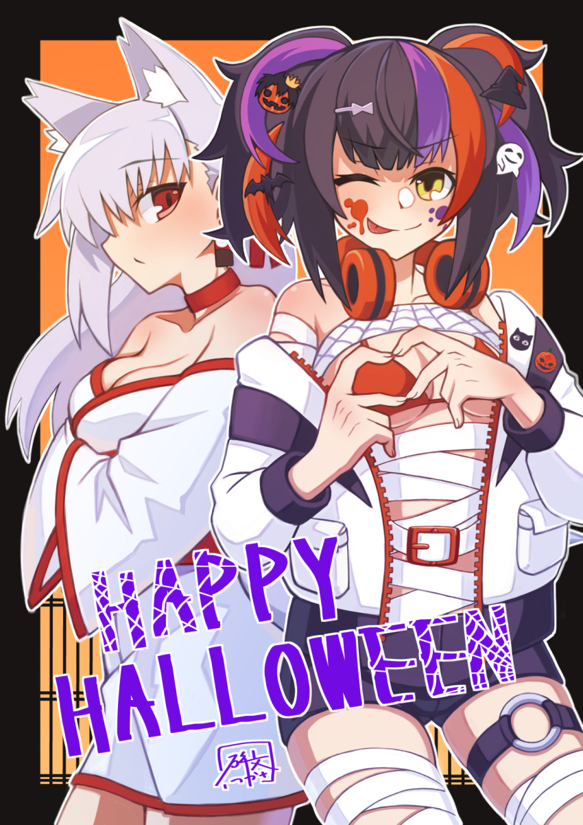 2girls adapted_costume animal_ears badge bandages bangs bare_shoulders bikini black_hair black_shorts blush breasts button_badge choker cleavage crossed_arms earrings fate/grand_order fate_(series) fox_ears hair_ornament hair_ribbon halloween headphones headphones_around_neck heart heart_hands hibun_tsukasa highres jacket japanese_clothes jewelry kama_(fate) kimono large_breasts long_hair long_sleeves looking_at_viewer multicolored_hair multiple_girls off_shoulder one_eye_closed open_clothes open_jacket orange_bikini orange_hair paint_splatter paint_splatter_on_face purple_hair red_eyes ribbon sei_shounagon_(fate) sei_shounagon_(swimsuit_berserker)_(fate) short_shorts shorts sidelocks silver_hair smile swimsuit thigh_strap thighs tongue tongue_out twintails white_jacket white_kimono wide_sleeves yellow_eyes