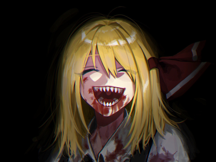 1girl ^_^ black_background black_vest blonde_hair blood blood_on_clothes blood_on_face closed_eyes collared_shirt commentary_request dark fuuga_(perv_rsity) hair_between_eyes hair_ribbon happy highres lower_teeth medium_hair open_mouth red_ribbon ribbon rumia sharp_teeth shiny shiny_hair shirt simple_background solo standing teeth tongue touhou upper_body upper_teeth vest white_shirt wing_collar