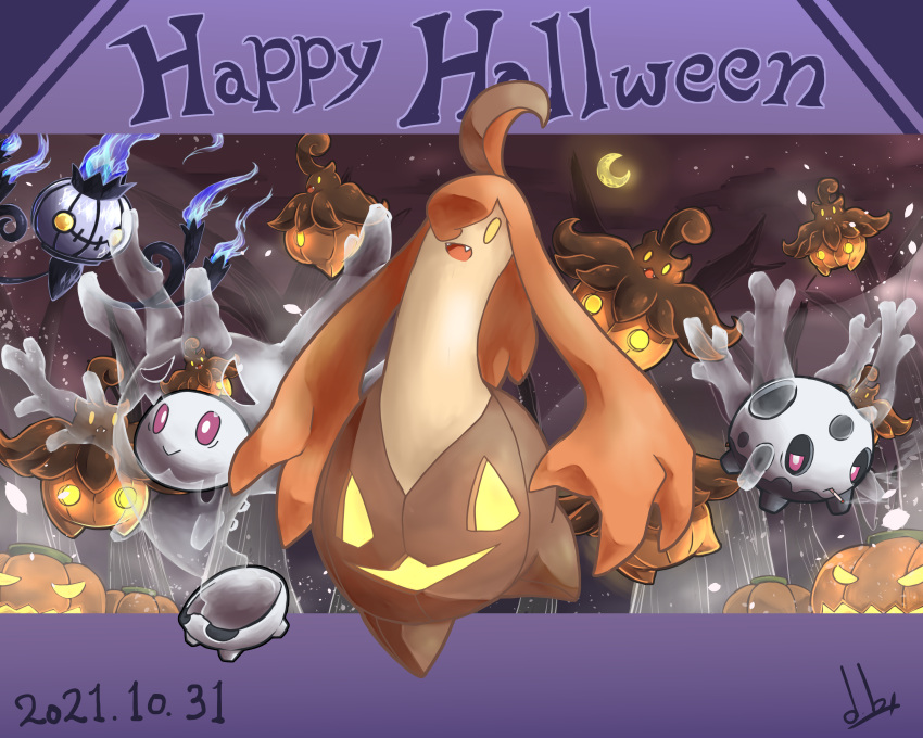 :&gt; absurdres chandelure closed_mouth commentary_request cursola dated fangs fire flame galarian_corsola gourgeist halloween happy_halloween highres no_humans open_mouth pokemon pokemon_(creature) pumpkaboo smile tongue yellow_eyes yumedamauru