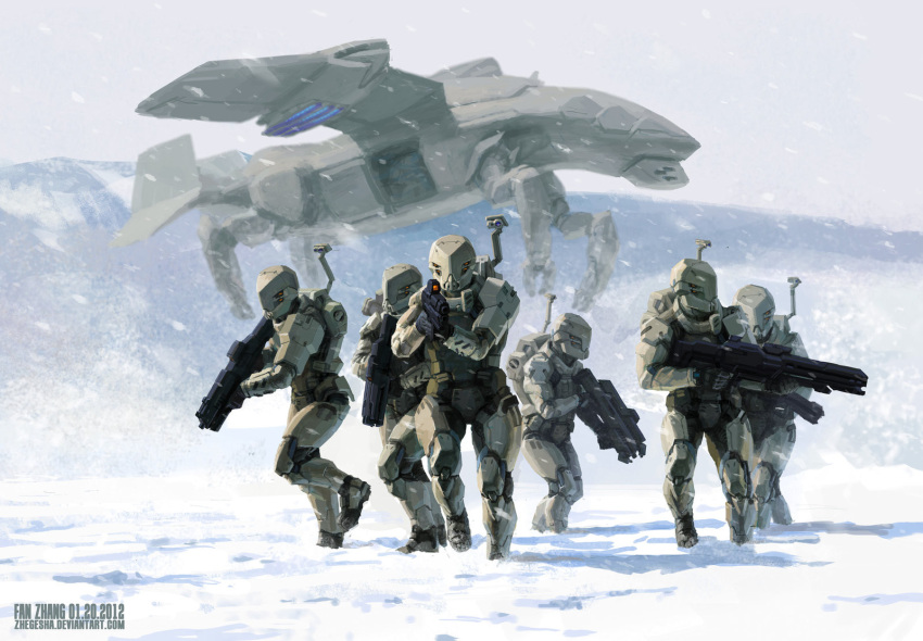 6+boys artist_name dated fan_zhang flying gun helmet highres holding holding_gun holding_weapon male_focus mecha military multiple_boys original power_armor red_eyes running science_fiction snow snowing weapon