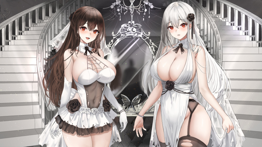 2girls absurdres bangs black_flower black_legwear black_rose breasts brown_hair bug butterfly chandelier cleavage collar contrast dress elbow_gloves flower frilled_skirt frills garter_belt garter_straps gloves hair_flower hair_ornament halloween highres indoors large_breasts lillly lips looking_at_viewer mirror multiple_girls navel open_mouth original red_eyes rose see-through see-through_dress skirt stairs thick_thighs thighhighs thighs torn_clothes torn_legwear white_dress white_hair white_lips