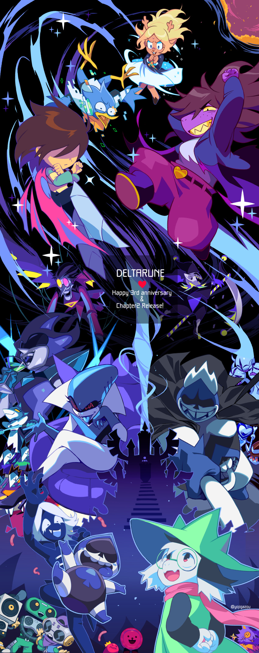 4girls 6+boys 6+others absurdres androgynous animal_ears anniversary antlers armored_boots arms_behind_back artist_name beak berdly_(deltarune) bird_boy black_eyes blonde_hair blue_skin blue_tongue blush_stickers body_fur boots brown_hair buck_teeth button_eyes c._round cap'n_(deltarune) cape castle clover_(deltarune) cocktail_glass colored_sclera colored_skin colored_tongue commentary_request copyright_name crossed_legs cup deer_girl deltarune diffraction_spikes digital_dissolve drinking_glass everyone fangs fewer_digits freckles furry giga_queen_(deltarune) glasses gloves hat head_hathy_(deltarune) heart highres hooves jester_cap jevil k_k_(deltarune) king_(deltarune) kris_(deltarune) lancer_(deltarune) long_hair looking_up mole mole_under_eye multiple_boys multiple_girls multiple_others no_eyes no_pupils noelle_holiday nubert_(deltarune) one-eyed open_mouth pointy_ears pointy_nose purple_hair purple_skin queen_(deltarune) ralsei round_eyewear rouxls_kaard rudinn_ranger_(deltarune) scarf scythe seam_(deltarune) sharp_teeth short_hair sitting snout spade_(shape) spamton_g._spamton spamton_neo sunglasses susie_(deltarune) swatchling_(deltarune) sweet_(deltarune) tasque_manager_(deltarune) teeth the_original_starwalker tongue tongue_out transformation white_hair wings worms x_arms yellow_eyes yellow_sclera yellow_skin yojio_(2188)