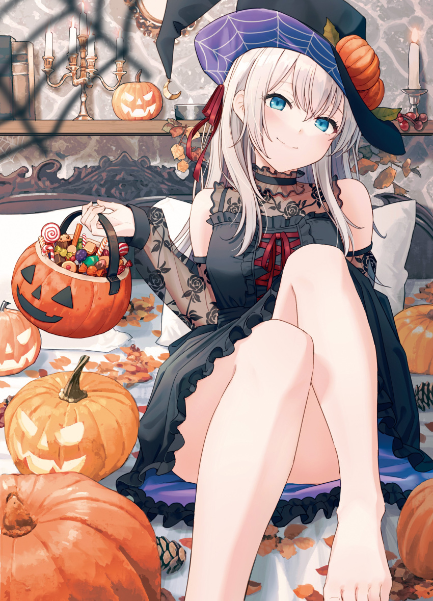 1girl absurdres alisa_nikolaevna_kujou autumn_leaves bangs barefoot bed black_dress blue_eyes candelabra candy closed_mouth commentary detached_sleeves dress feet food hair_ribbon halloween hat highres hyuuga_azuri jack-o'-lantern light_brown_hair lollipop long_hair looking_at_viewer muffin on_bed pillow pumpkin ribbon second-party_source simple_background sitting sitting_on_bed smile solo thighs toes tokidoki_bosotto_roshia-go_de_dereru_tonari_no_arya-san witch_hat