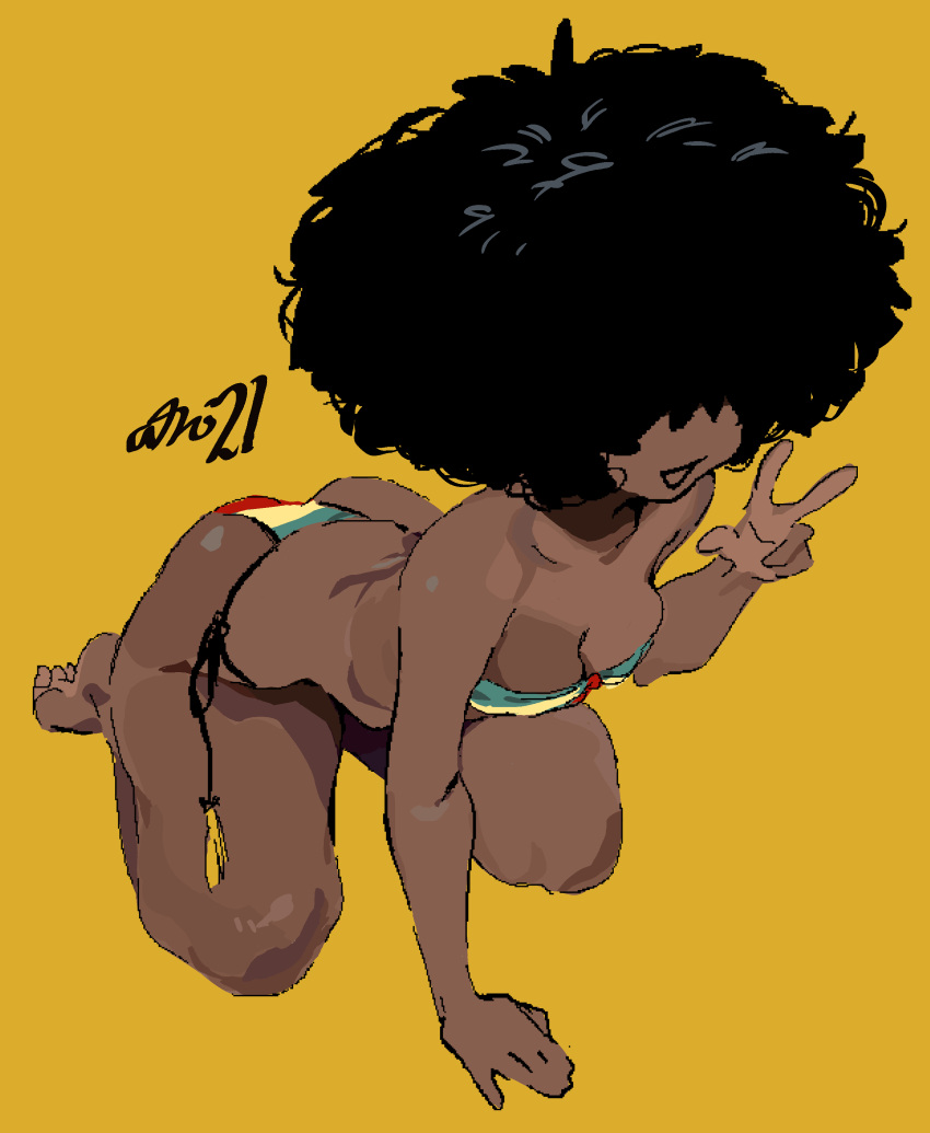 1girl absurdres afro artist_name ass bikini black_hair breasts cleavage dark-skinned_female dark_skin hair_over_eyes hand_up highres medium_breasts open_mouth original simple_background smile solo swimsuit viv_(whoopsatro) w whoopsatro yellow_background