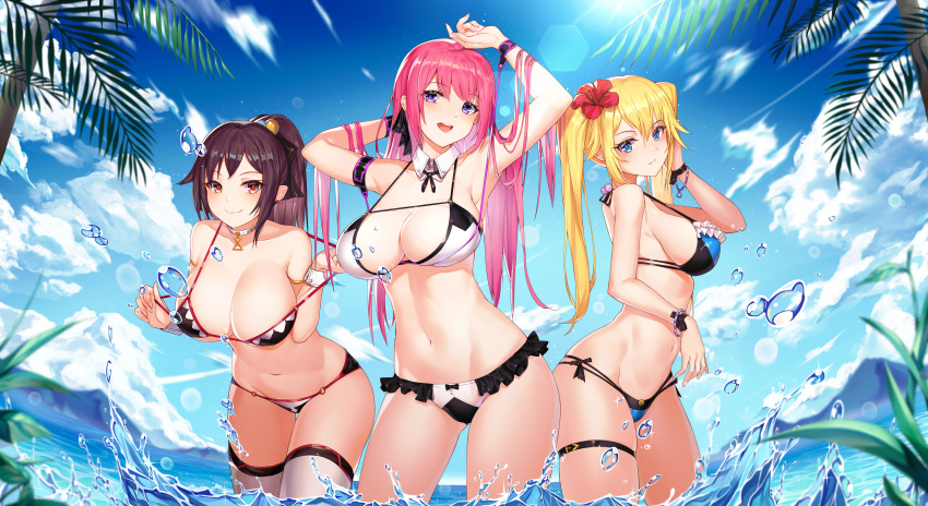 3girls :d absurdres arm_behind_head arm_up armpits arms_up bangs bare_shoulders bikini bikini_pull black_bikini blonde_hair blue_eyes blue_sky blurry bracelet breasts brown_eyes brown_hair btraphen choker cleavage clothes_pull cloud collarbone commentary contrapposto cowboy_shot day depth_of_field detached_collar earrings english_commentary eyebrows_visible_through_hair flower frilled_bikini frills groin hair_flower hair_ornament halter_top halterneck hibiscus highres jewelry large_breasts leaning_forward lens_flare long_hair looking_at_viewer multi-strapped_bikini multiple_girls navel ocean open_mouth original outdoors palm_tree pink_hair ponytail purple_eyes round_teeth sky smile stomach strap_gap strap_pull string_bikini stud_earrings sunlight swimsuit teeth thigh_strap thighhighs thighs tree twintails upper_teeth wading water water_drop wet white_choker white_legwear wing_collar