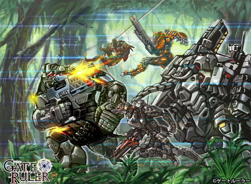 absurdres clenched_hand copyright_name firing gate_ruler glowing glowing_eye gun highres holding holding_gun holding_weapon jungle logo m_ganzy mecha nature official_art red_eyes running science_fiction swinging tusks weapon