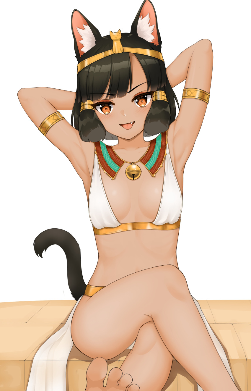 1girl :p absurdres animal_ears armlet armpits arms_behind_head arms_up bangs barefoot bell black_hair black_tail blunt_bangs blush bob_cut breasts brown_eyes cat_ears cat_girl cat_tail collar collarbone crossed_legs dated_commentary egyptian_clothes eyebrows_visible_through_hair eyeshadow fang hair_tubes headpiece highres jingle_bell looking_at_viewer makeup neck_bell open_mouth original parted_bangs short_hair sidelocks sitting small_breasts smile stone tail tail_raised tongue tongue_out usekh_collar yagih