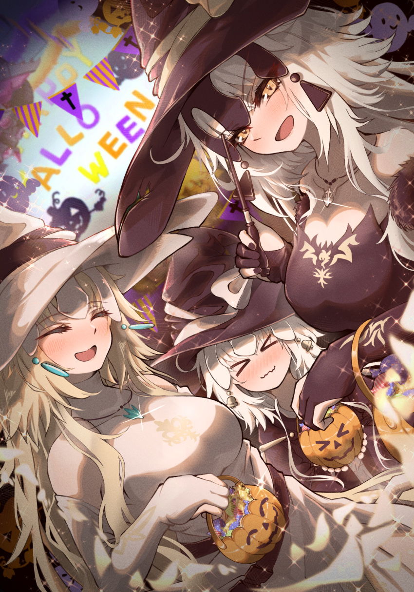 3girls bangs bare_shoulders bell black_headwear blonde_hair blush breasts bridal_gauntlets candy closed_eyes closed_mouth detached_sleeves fate/apocrypha fate/grand_order fate_(series) food halloween hat headpiece highres jack-o'-lantern jeanne_d'arc_(alter)_(fate) jeanne_d'arc_(fate) jeanne_d'arc_(fate/apocrypha) jeanne_d'arc_alter_santa_lily_(fate) jingle_bell large_breasts long_hair looking_at_viewer multiple_girls open_mouth ponytail pumpkin ru_251 silver_hair small_breasts smile sparkle very_long_hair wand wavy_mouth white_headwear witch_hat yellow_eyes