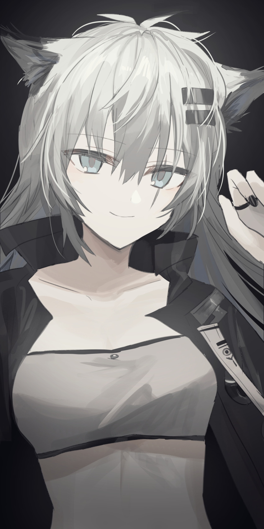 1girl absurdres animal_ear_fluff animal_ears arknights bandeau bangs black_background black_jacket black_nails blue_eyes breasts chihuri closed_mouth collarbone commentary eyebrows_visible_through_hair fingerless_gloves gloves grey_gloves grey_hair hair_between_eyes hair_ornament hairclip hand_up highres jacket lappland_(arknights) looking_at_viewer nail_polish open_clothes open_jacket scar scar_across_eye simple_background small_breasts smile solo strapless tube_top upper_body