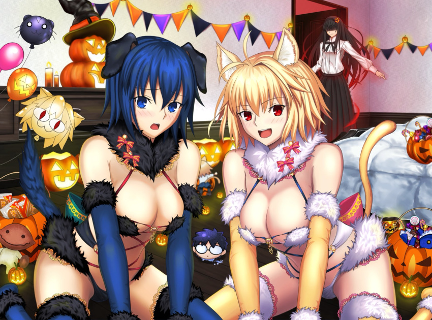 4girls alternate_costume anger_vein angry animal_costume animal_ears antenna_hair aqua_bow arcueid_brunestud back back_bow balloon bangs bare_shoulders bed black_hair black_headwear black_ribbon black_skirt blonde_hair blue_eyes blue_hair blue_sleeves blue_tail blush bow bread breasts candy cat_costume cat_ears cat_girl cat_tail character_balloon character_doll ciel_(tsukihime) cleavage closed_mouth commentary_request cosplay curry_bread dog_costume dog_ears dog_girl dog_tail doll eyebrows_visible_through_hair fake_animal_ears fake_tail fate/grand_order fate_(series) food fur-trimmed_sleeves fur_collar fur_trim gradient_hair hair_between_eyes halloween halloween_costume harukey hat highres indoors jack-o'-lantern large_breasts long_hair long_skirt long_sleeves looking_at_viewer mash_kyrielight mash_kyrielight_(dangerous_beast) mash_kyrielight_(dangerous_beast)_(cosplay) multicolored_hair multiple_girls neck_ribbon neco-arc o-ring o-ring_top open_mouth pink_bow pumpkin red_eyes red_hair revealing_clothes ribbon shaded_face shirt short_hair single_hair_intake size_difference skirt streaked_hair tail teeth tohno_akiha tohno_shiki tsukihime tsukihime_(remake) two-tone_hair upper_teeth white_shirt witch_hat wooden_floor yellow_sleeves yellow_tail