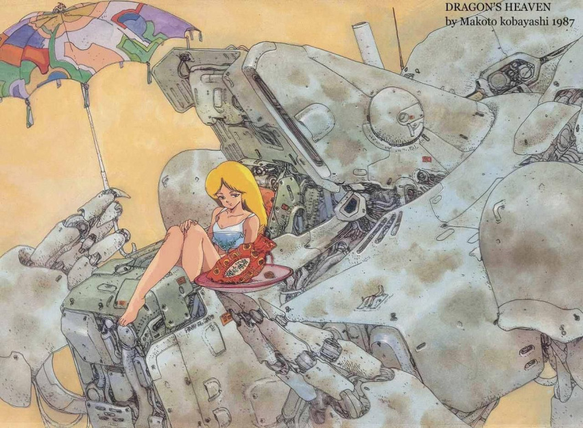 1980s_(style) 1987 1girl aic bad_link bag bare_legs barefoot blonde_hair blue_eyes closed_mouth cockpit copyright_name cyberpunk damaged dated dirty dish dragon dragon's_heaven english_text food hand_on_own_knee holding holding_umbrella ikuuru kobayashi_makoto_(illustrator) legs logo long_hair looking_at_viewer machinery mecha moebius_(style) official_art open_hatch parasol pilot_chair plate production_art promotional_art retro_artstyle robot scan shaian_(robot) signature simple_background sitting smile tank_top umbrella yellow_background